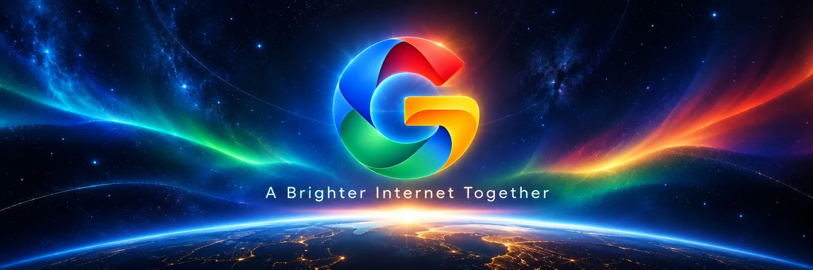 The G concept logo glowing above Earth with aurora light